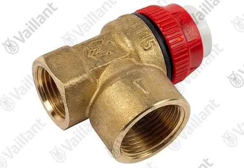 Vaillant Sicherheitsventil aus Messing mit rotem Drehknopf, zwei Anschlussmöglichkeiten für Rohrleitungen, für die Montage an der Wand geeignet.